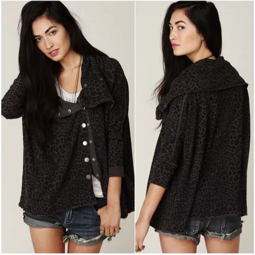 Free People Gray Leopard French Terry Cardigan